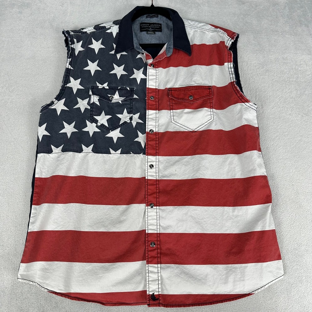 Cody James Shirt Mens L Red White Blue American Flag Western Sleeveless